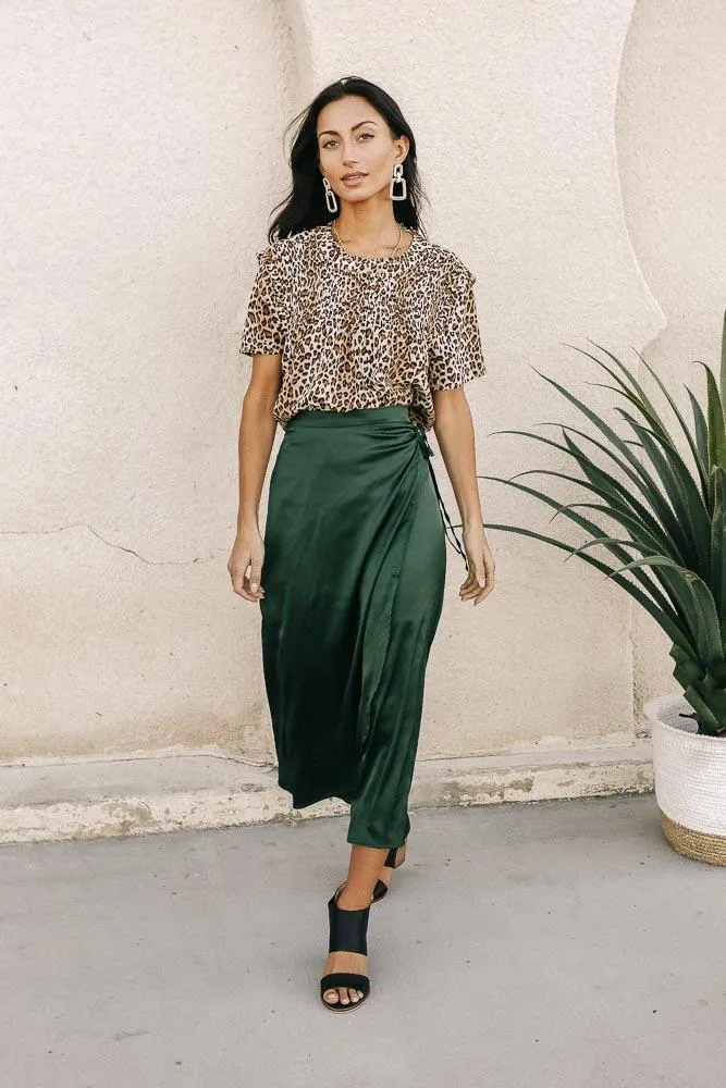 Satin Faux Wrap Skirt in Emerald