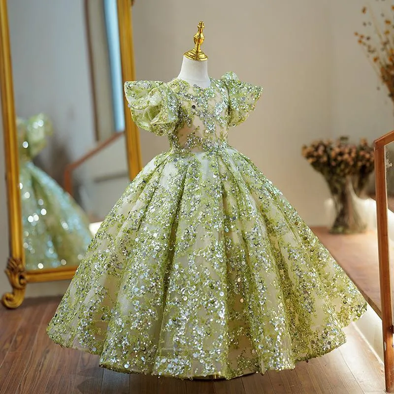 Sequined princess dress with puffy sleeves for girls clothes