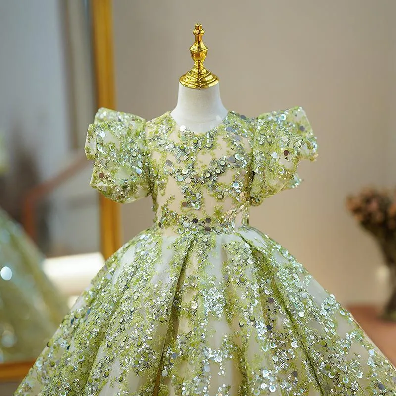 Sequined princess dress with puffy sleeves for girls clothes