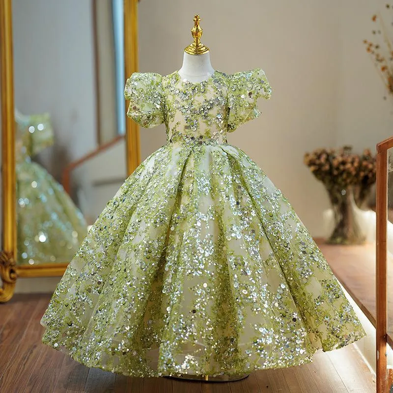 Sequined princess dress with puffy sleeves for girls clothes