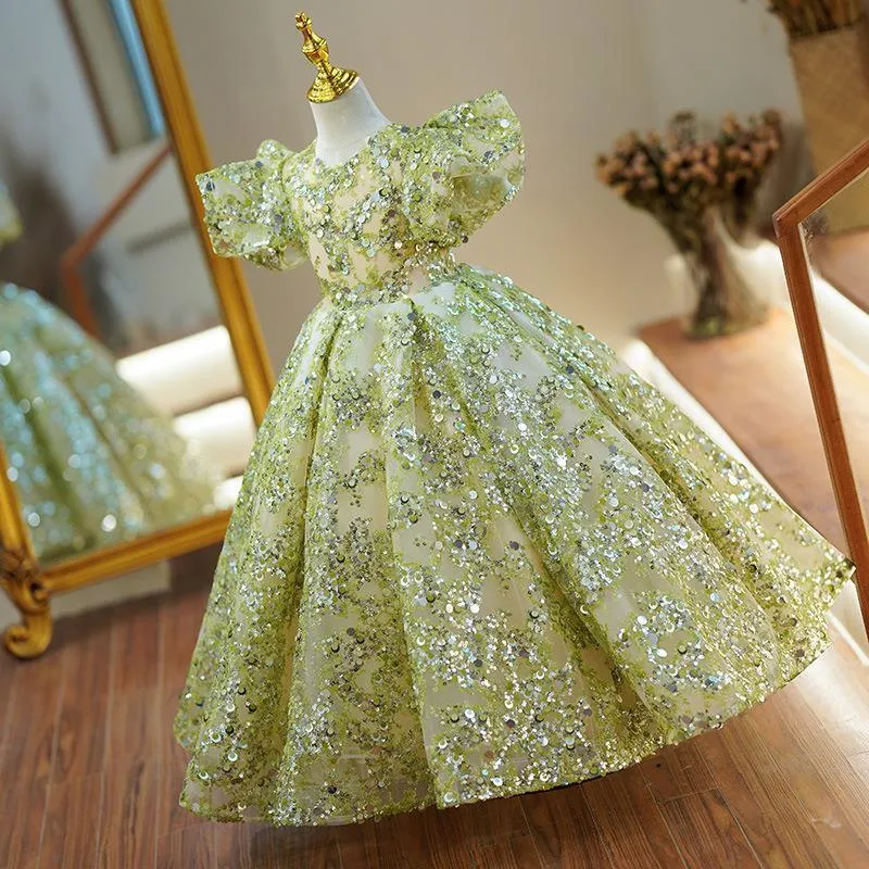 Sequined princess dress with puffy sleeves for girls clothes