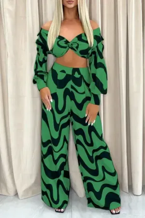 Sexy Green & Black 2 Piece Crop Top & Wide Leg Pants Set