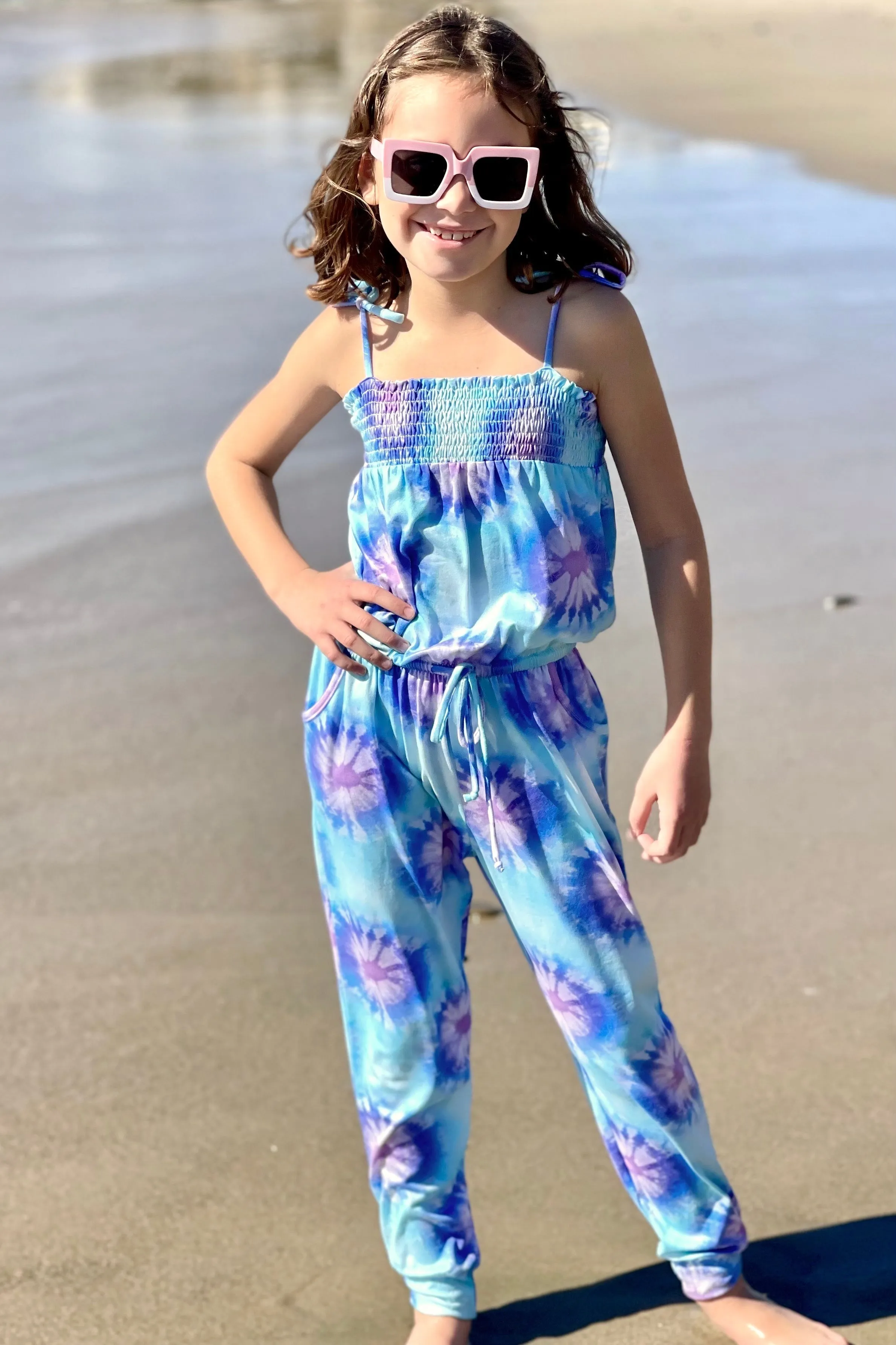 Simply Soft Strappy Smocked Long Jumpsuit - Lavender Aqua Tie Dye