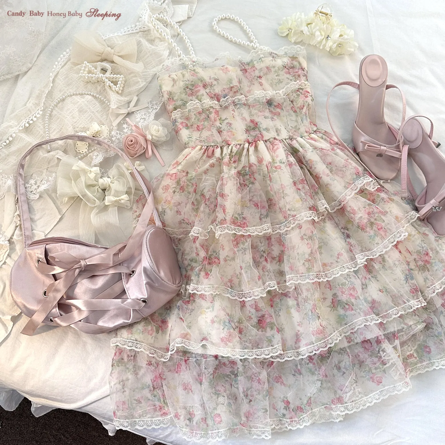 sleepingdoll Mesh Layered Print Cake Pearl Suspender Skirt