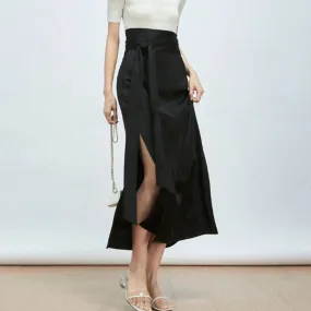 Spliced Belt Midi Skirts Female High Waist Side Split Solid Casual A Line Skirt For Women Clothing Style Fashion