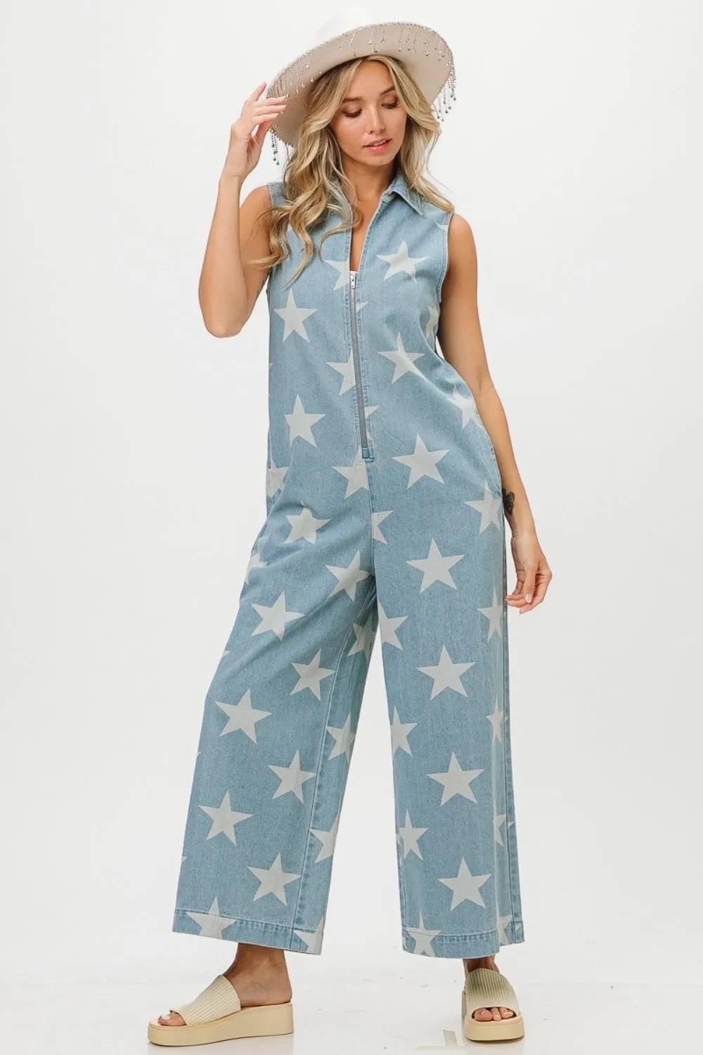 Star Print Half Zip Sleeveless Denim Jumpsuit