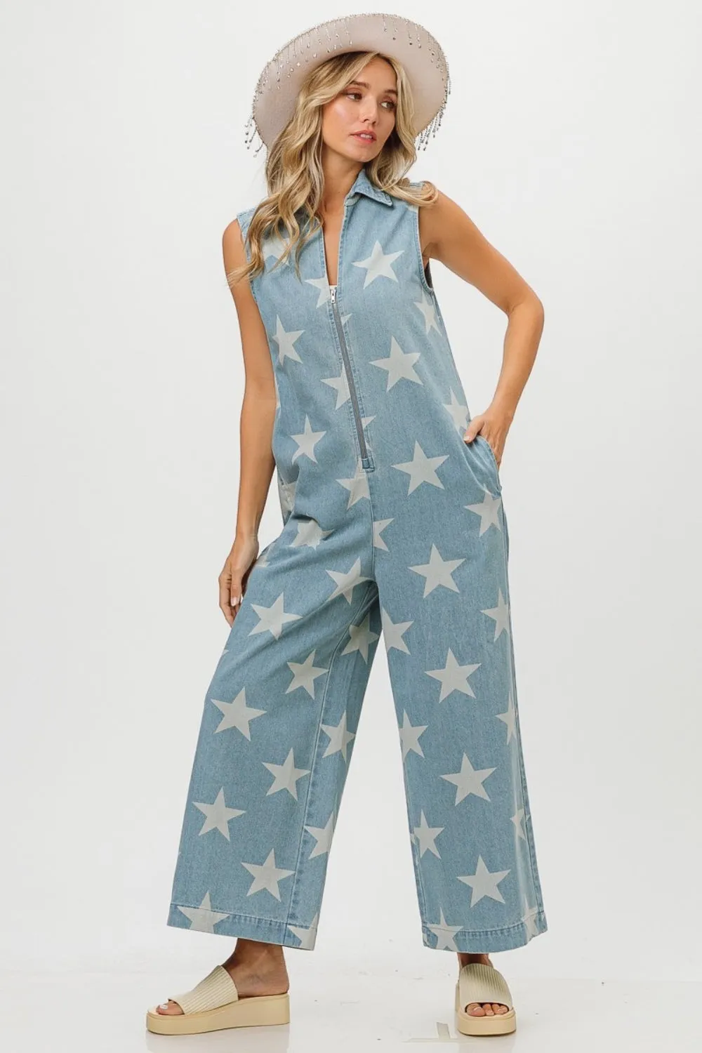 Star Print Half Zip Sleeveless Denim Jumpsuit