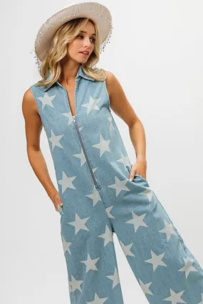 Star Print Half Zip Sleeveless Denim Jumpsuit