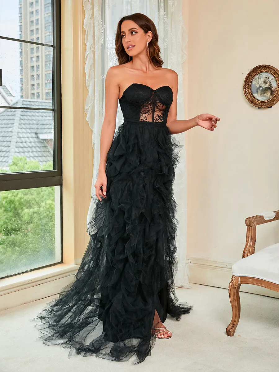 Strapless Black Sexy Prom Dress with Slit