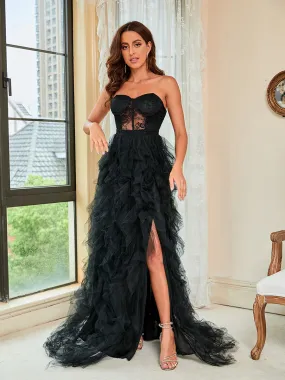 Strapless Black Sexy Prom Dress with Slit