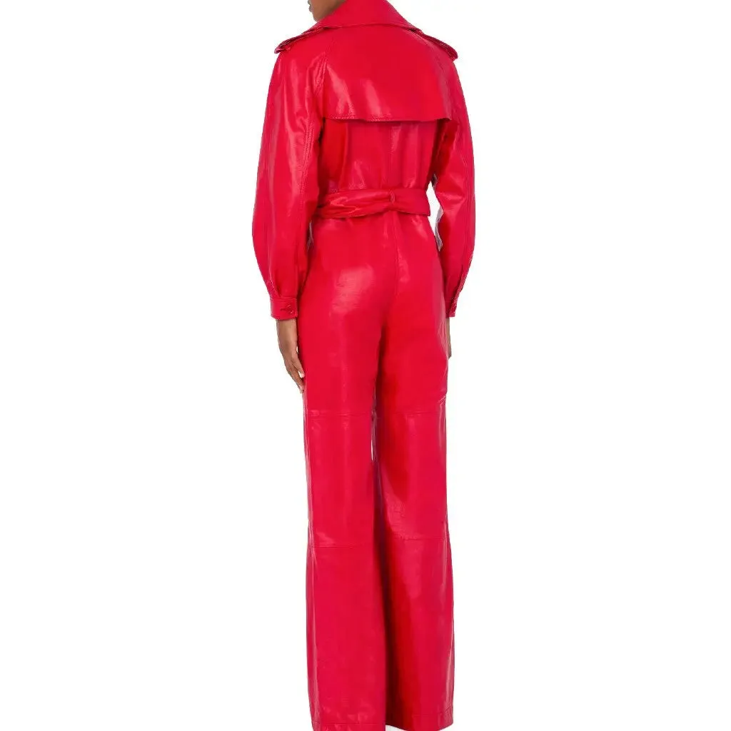 Stylish Windproof Double-Breasted Genuine Leather Jumpsuit in Red