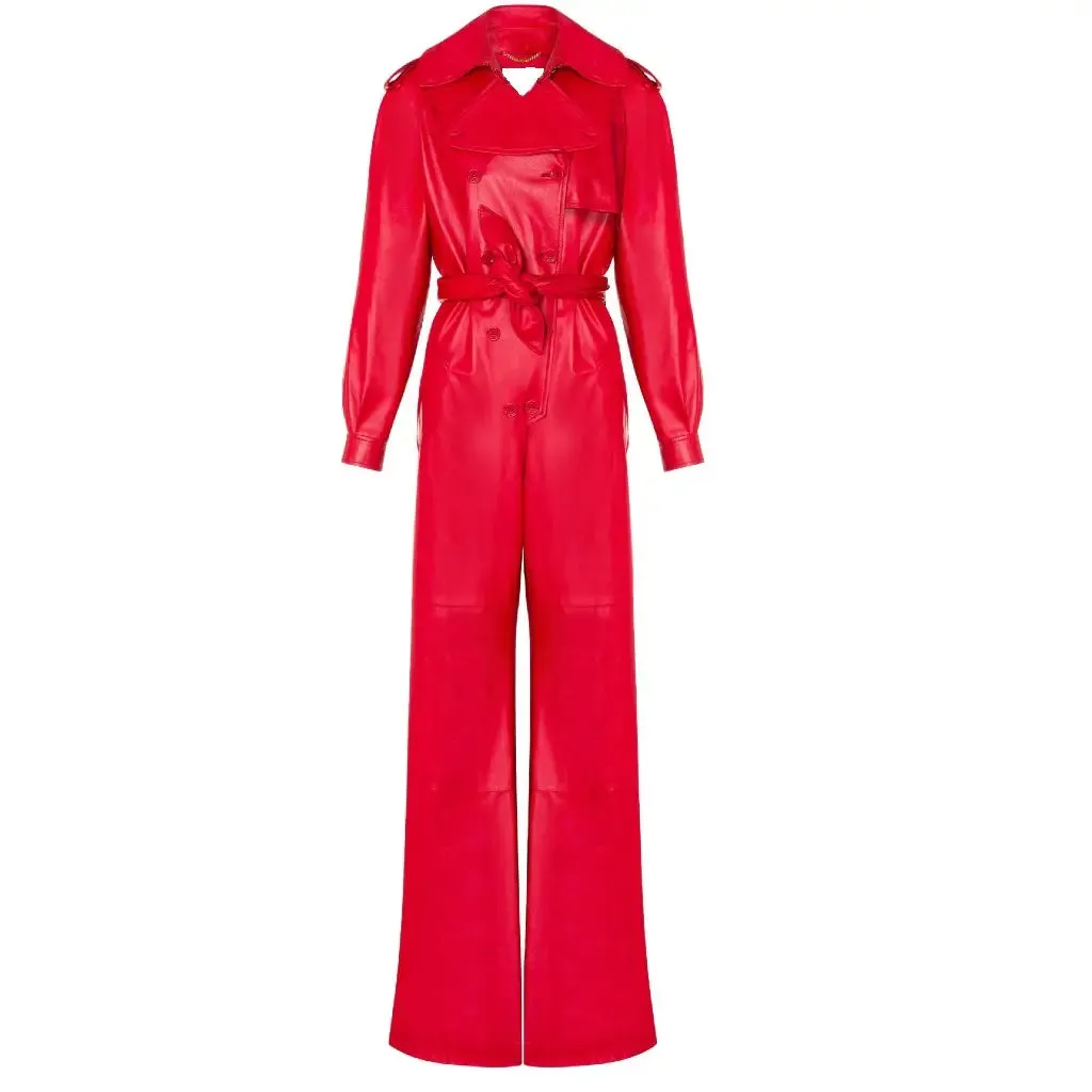 Stylish Windproof Double-Breasted Genuine Leather Jumpsuit in Red