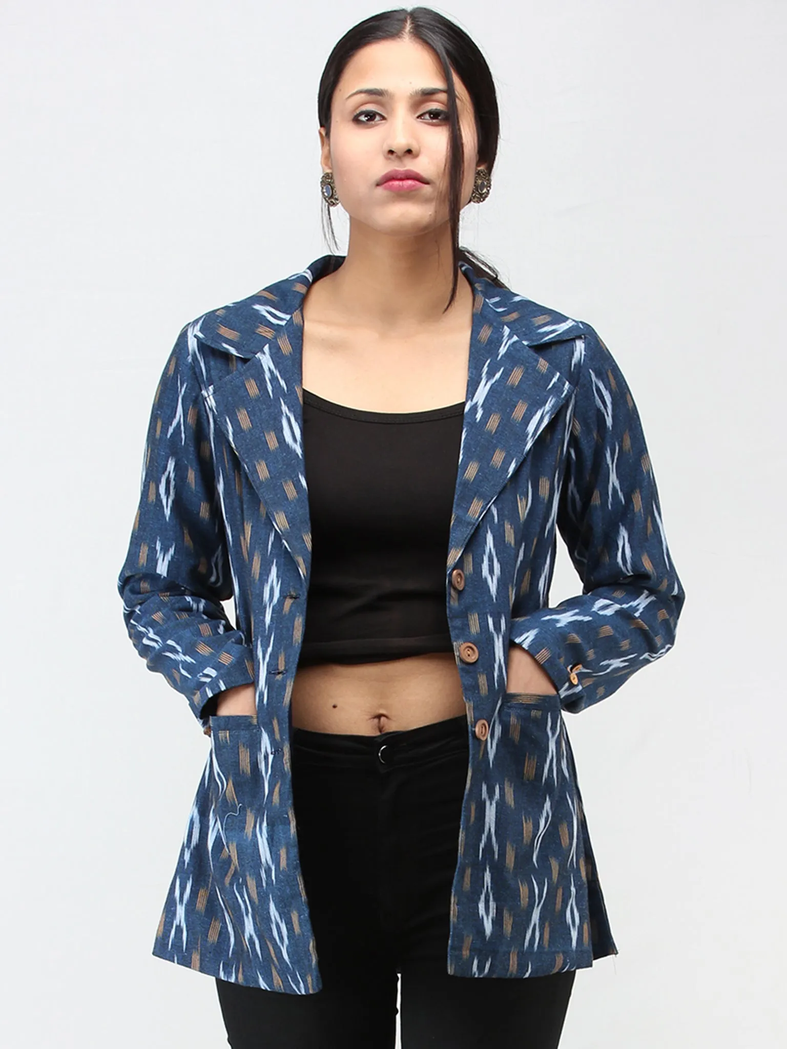 Teal Blue White Mustard Hand Woven Ikat Blazer - J13FXXX