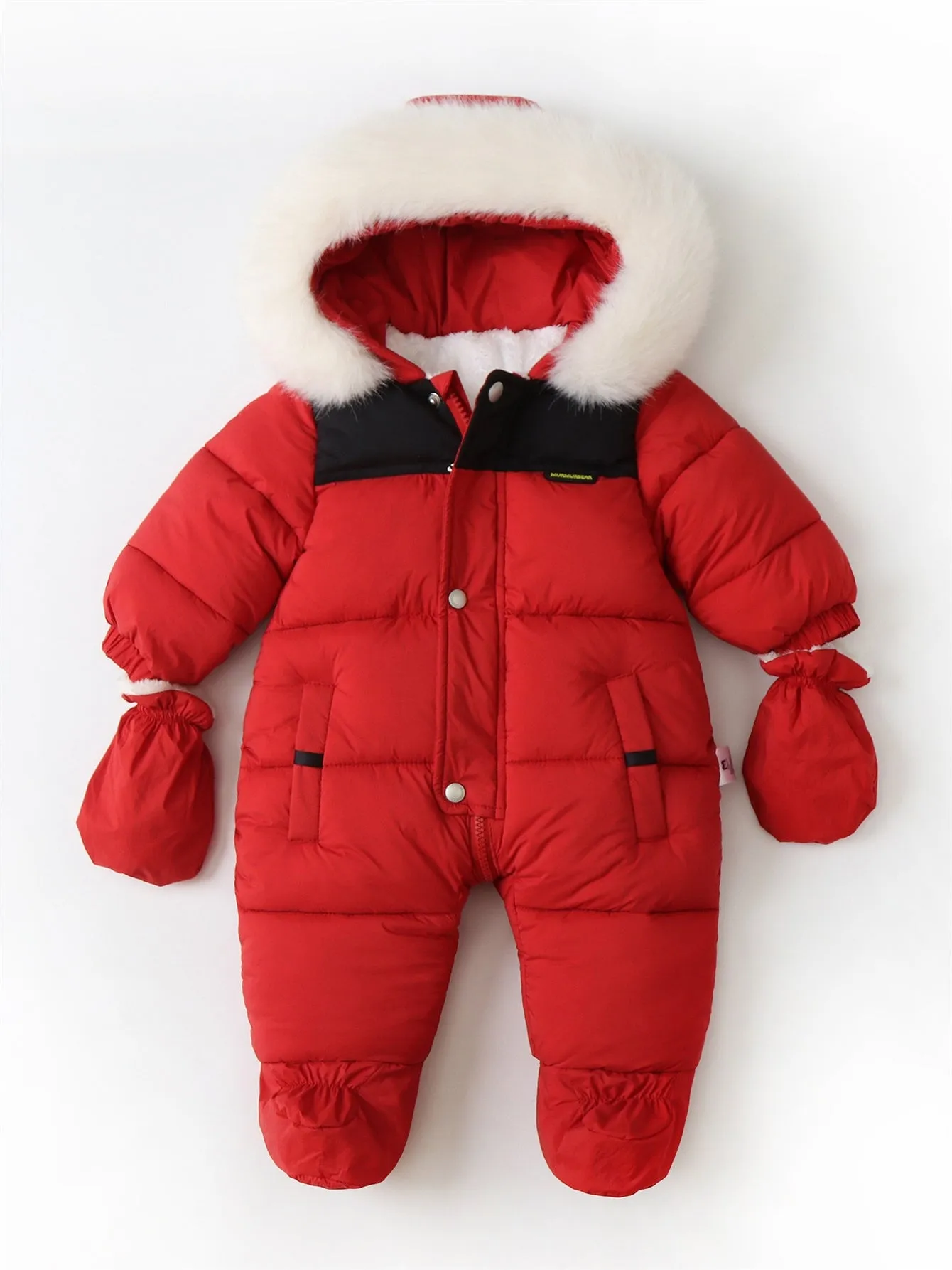 Thickened children's hooded jumpsuit with gloves