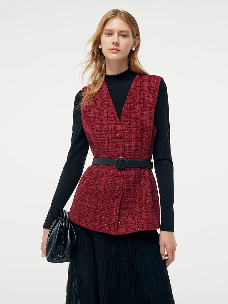 Tweed Vest And Midi Skirt And Knit Top Three-Piece Set With Belt