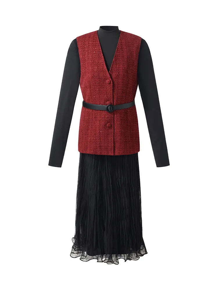 Tweed Vest And Midi Skirt And Knit Top Three-Piece Set With Belt