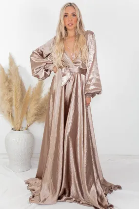 Ultra-Shine Deep-V Satin Maxi Dress - Champagne