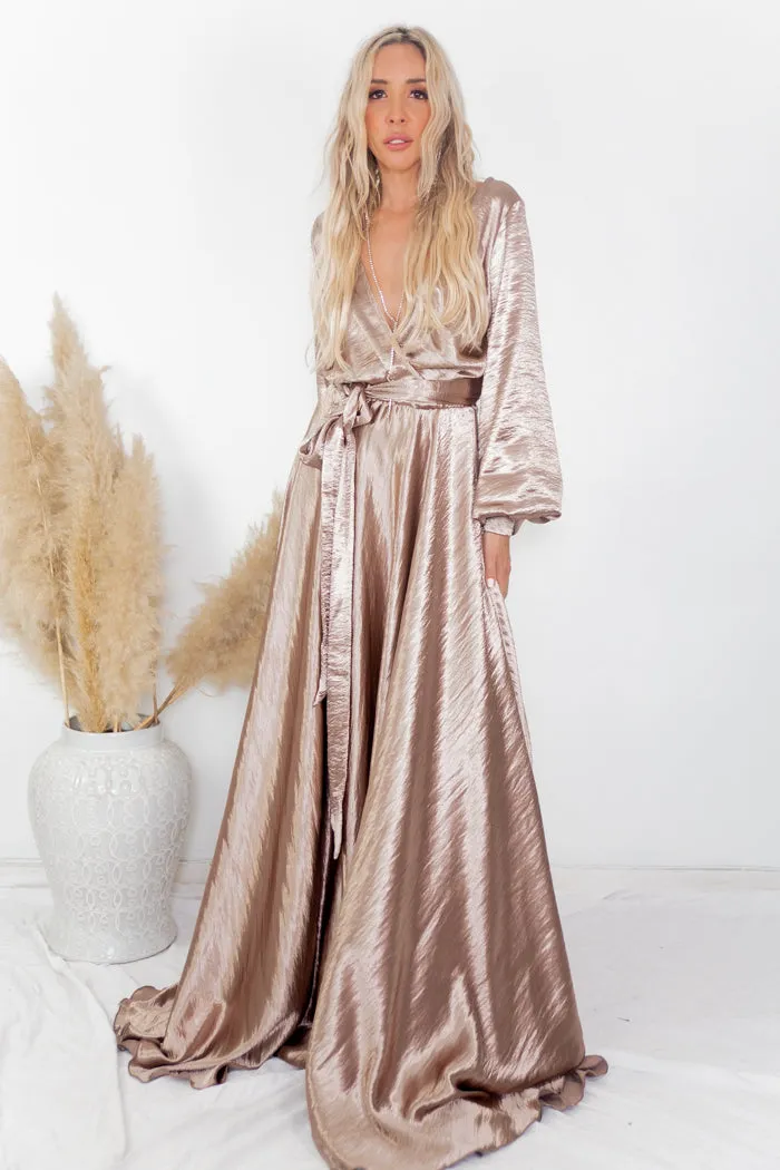 Ultra-Shine Deep-V Satin Maxi Dress - Champagne