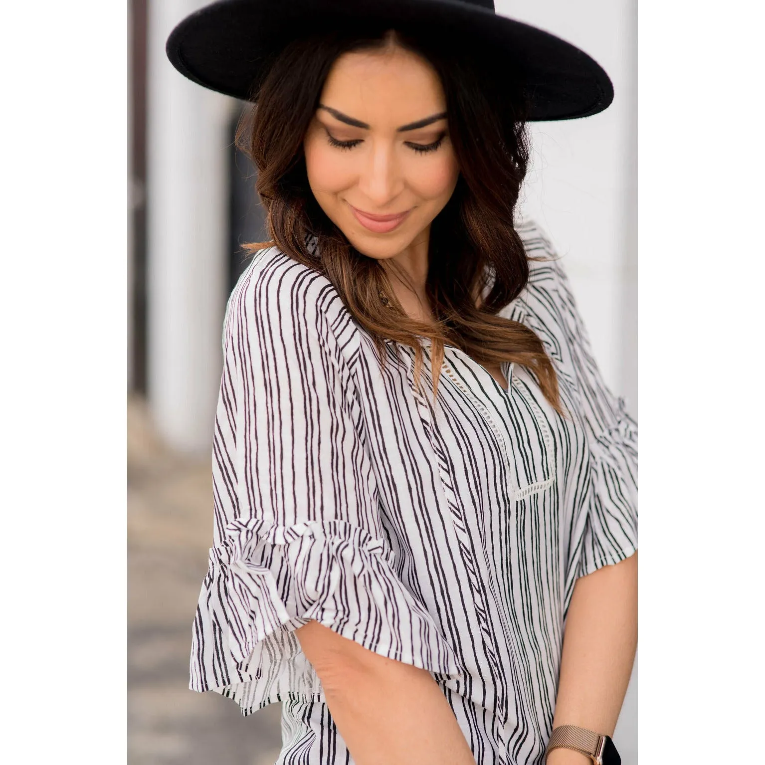 Vertical Striped Flutter Sleeve Tie Blouse