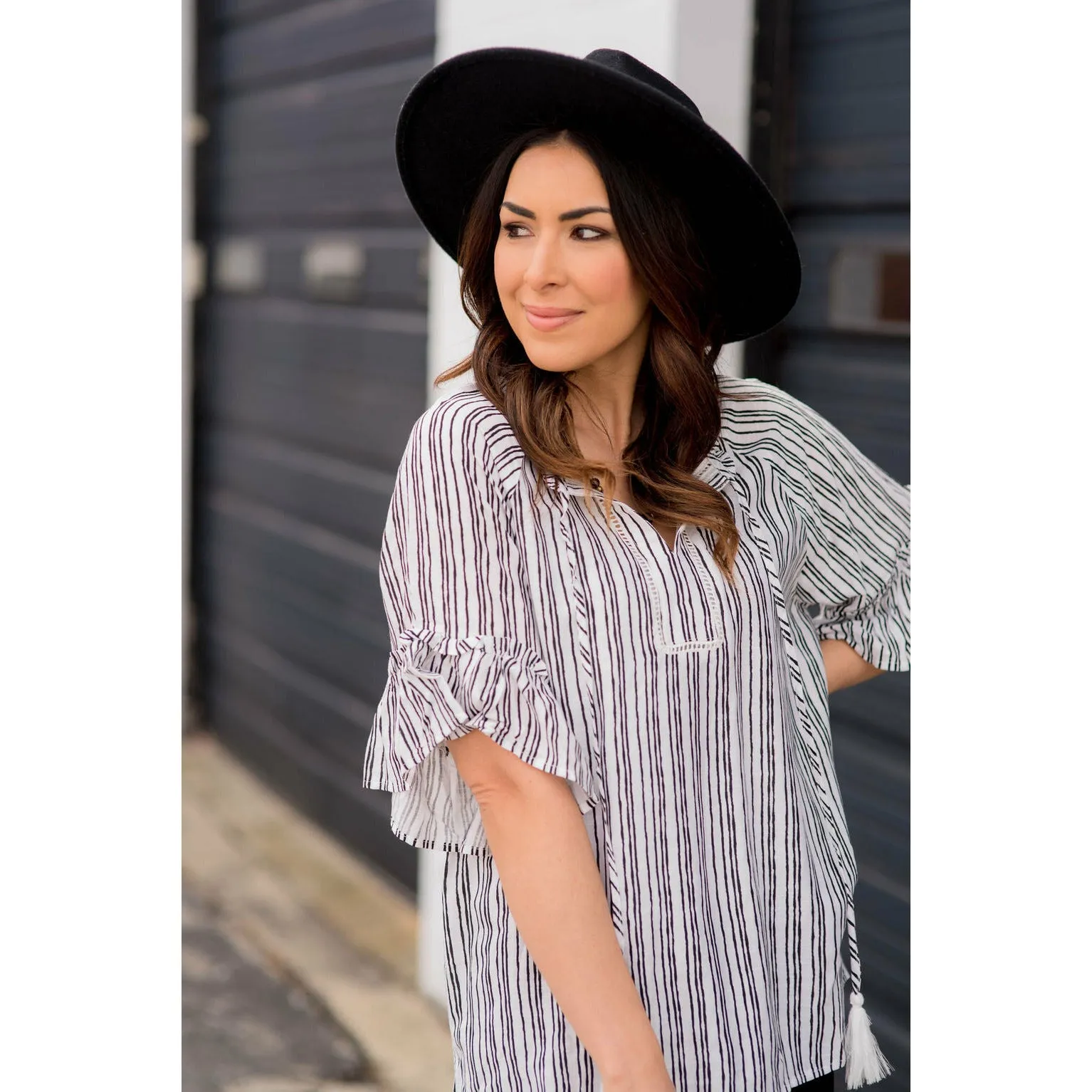 Vertical Striped Flutter Sleeve Tie Blouse