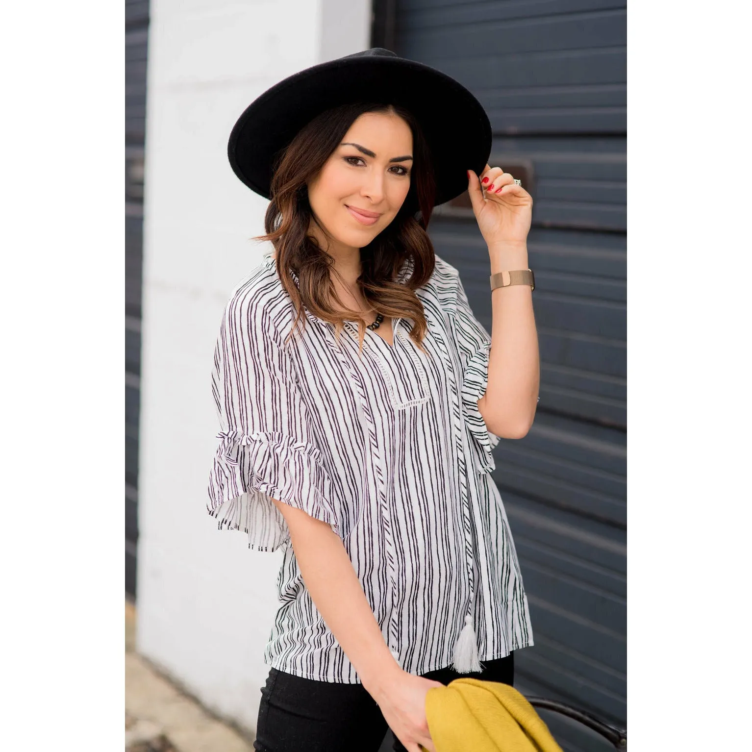 Vertical Striped Flutter Sleeve Tie Blouse