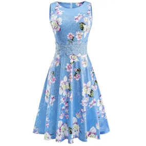 Vintage Light Blue Elegant Floral Swing Dress