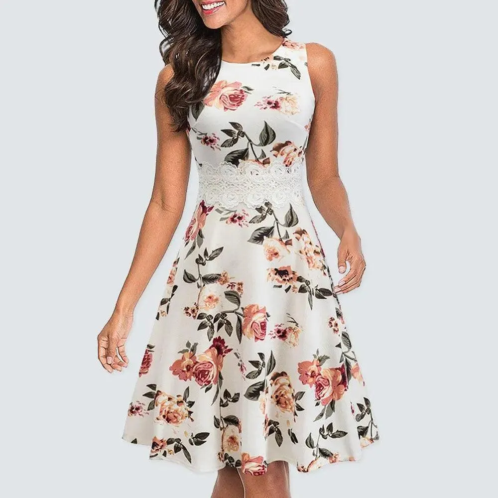 Vintage White Elegant Floral Swing Dress