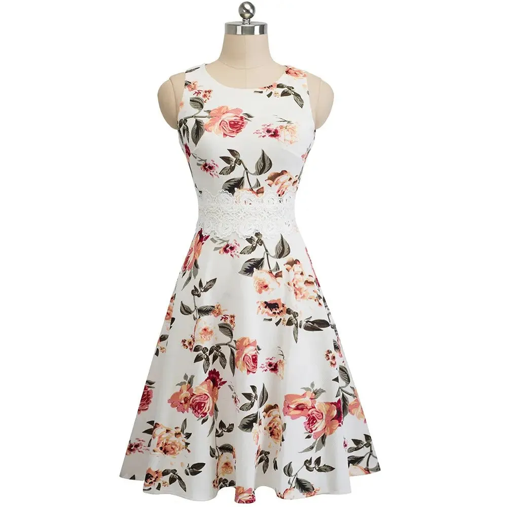 Vintage White Elegant Floral Swing Dress