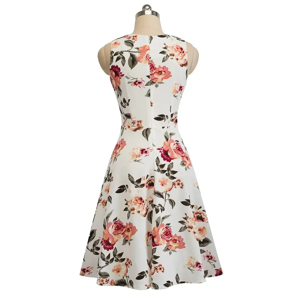 Vintage White Elegant Floral Swing Dress