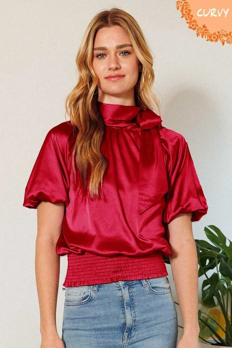 Waist Smocked Solid Satin Blouse - 4 colors - Ships from The US