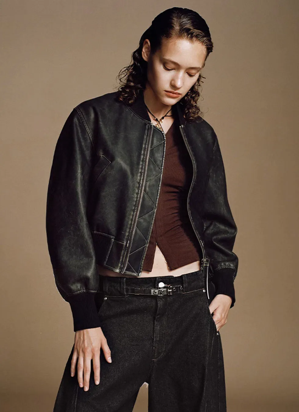 Washed bomber leather short flight jacket