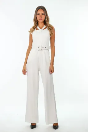 White Classy Belted Jumpsuit