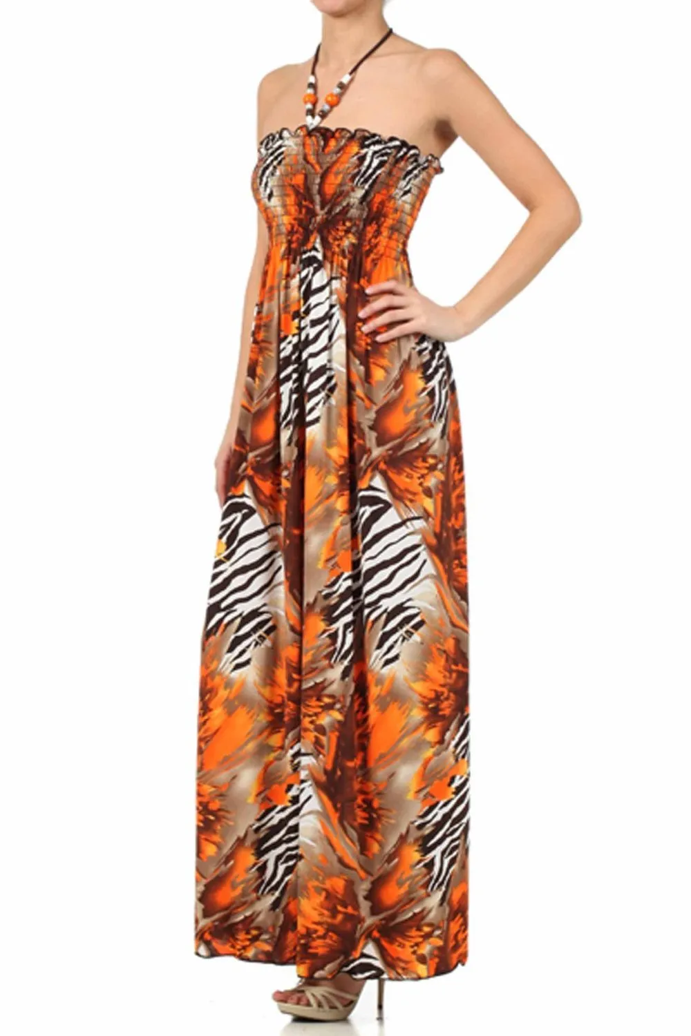 Wild Zebra Inspired Graphic Print Beaded Halter Smocked Bodice Long / Maxi Dress