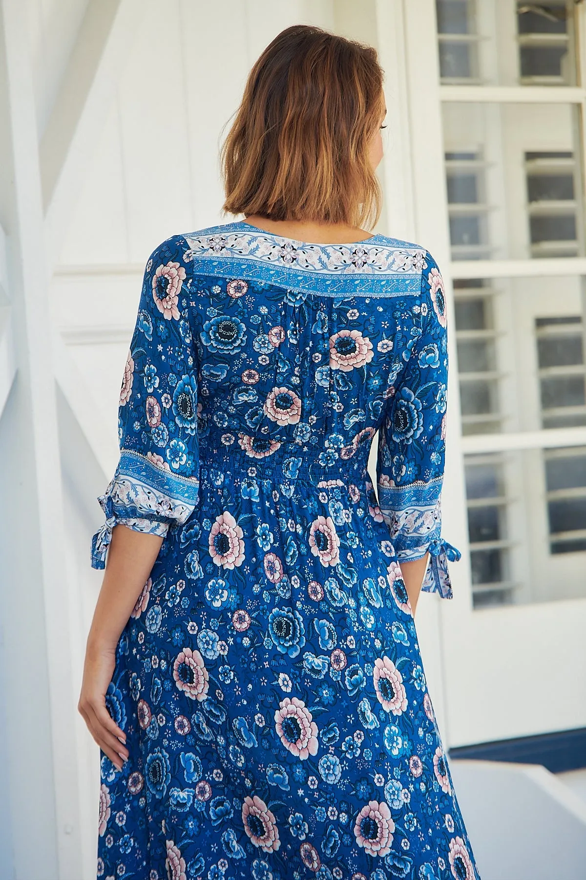 Willow Tie Sleeve Blue/Pink Floral Print Maxi Dress