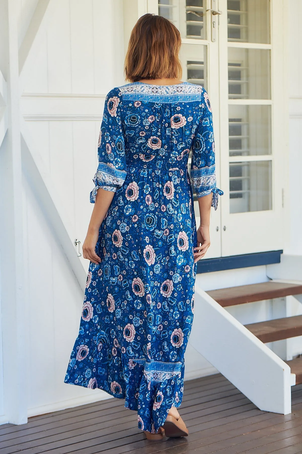 Willow Tie Sleeve Blue/Pink Floral Print Maxi Dress