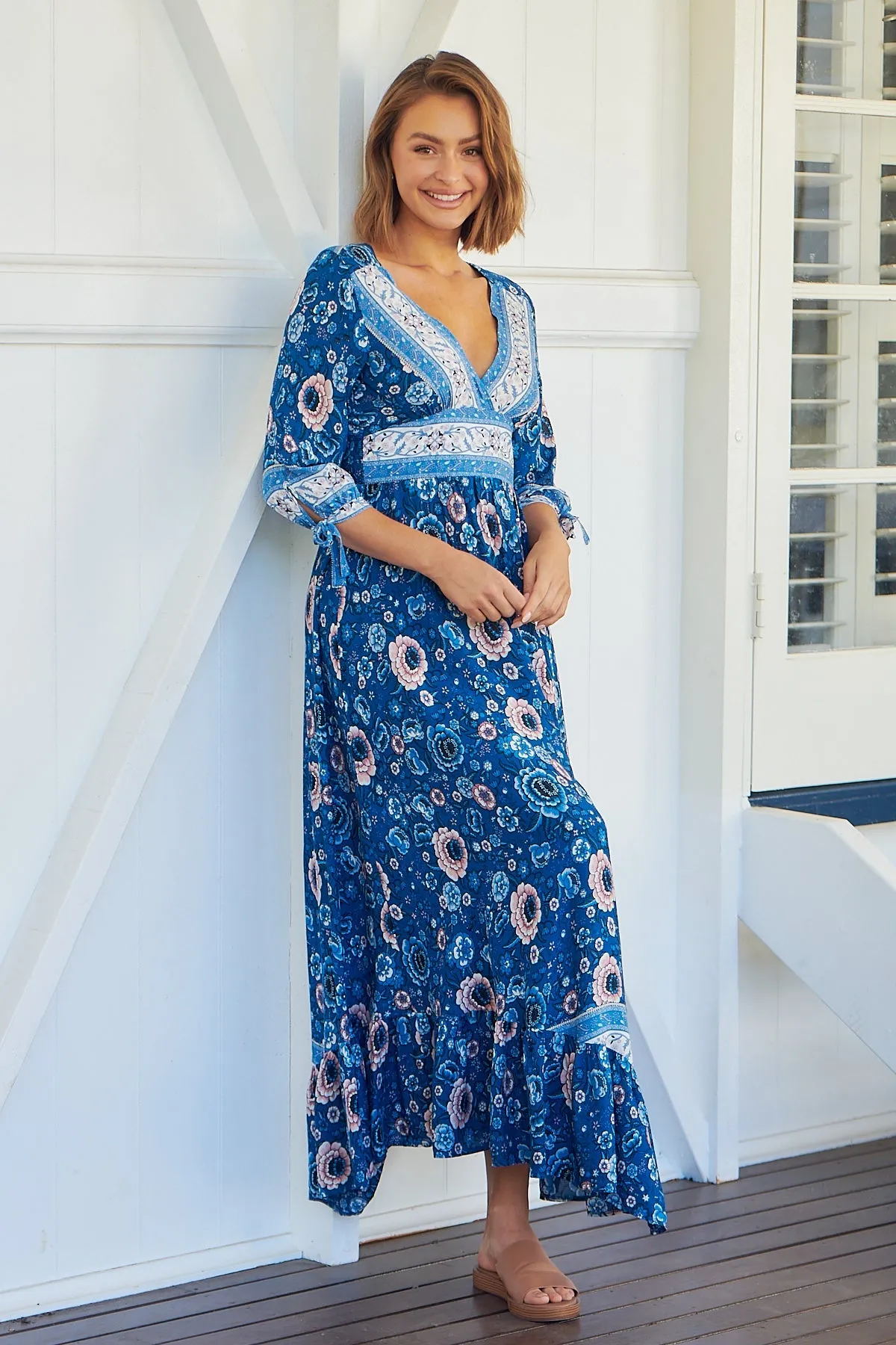 Willow Tie Sleeve Blue/Pink Floral Print Maxi Dress