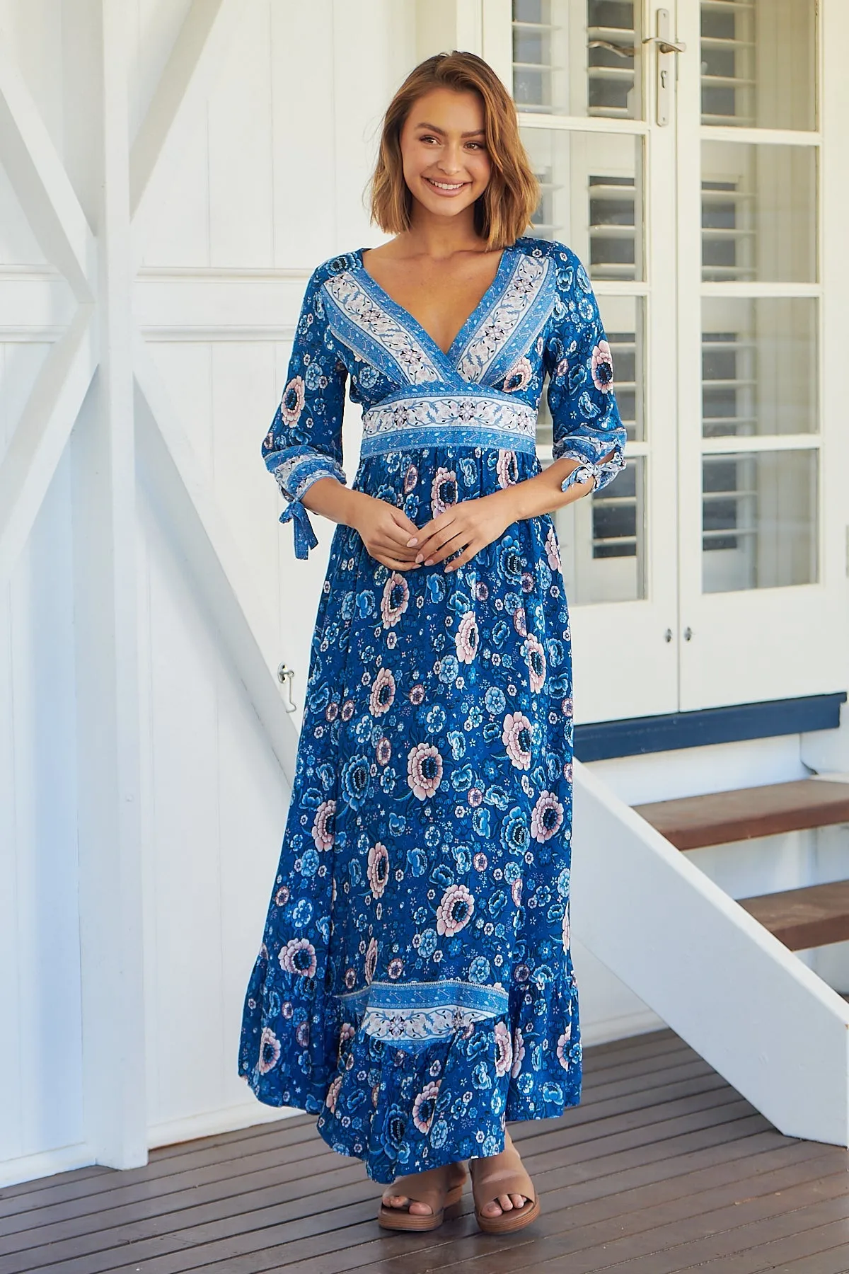 Willow Tie Sleeve Blue/Pink Floral Print Maxi Dress