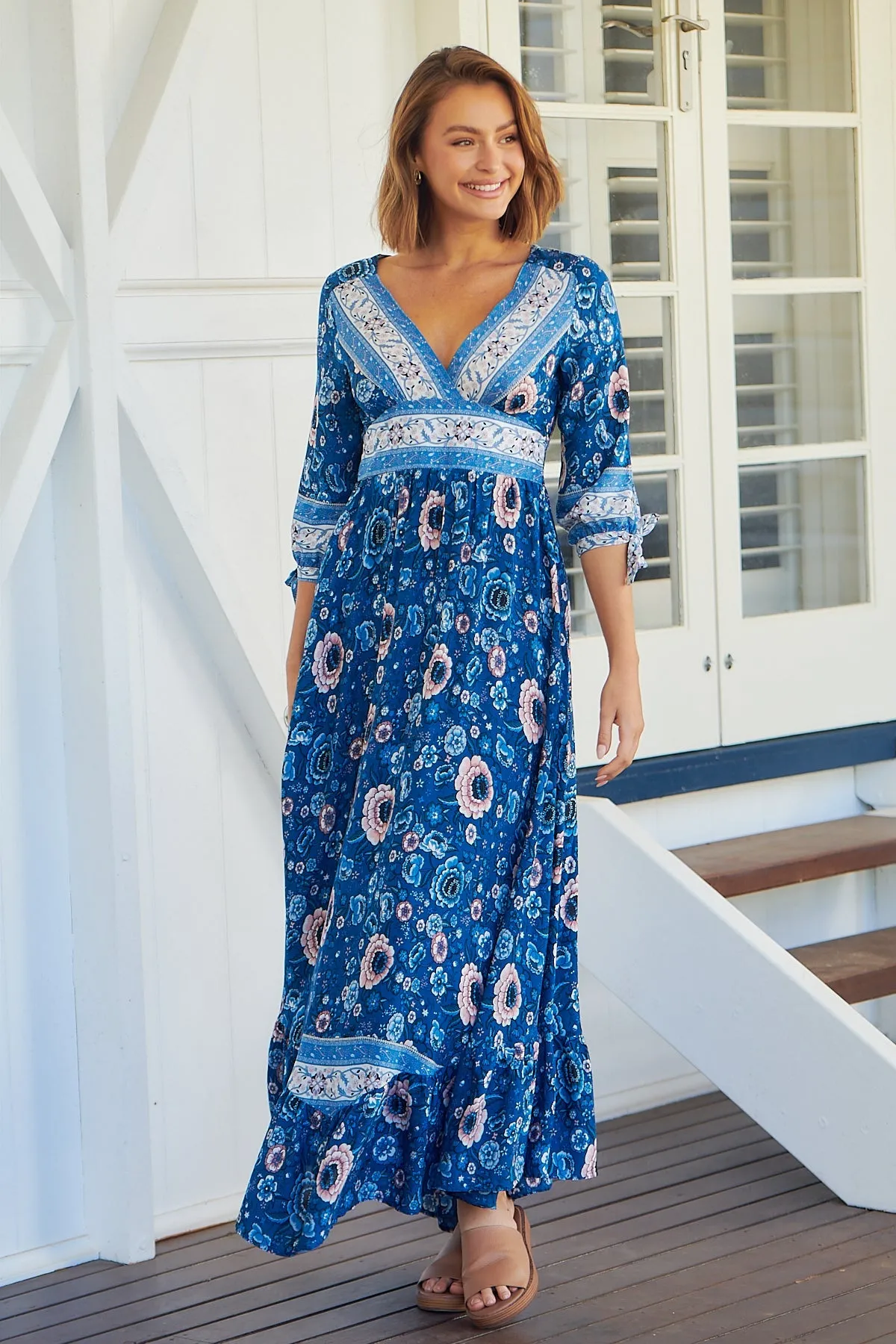 Willow Tie Sleeve Blue/Pink Floral Print Maxi Dress