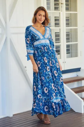 Willow Tie Sleeve Blue/Pink Floral Print Maxi Dress