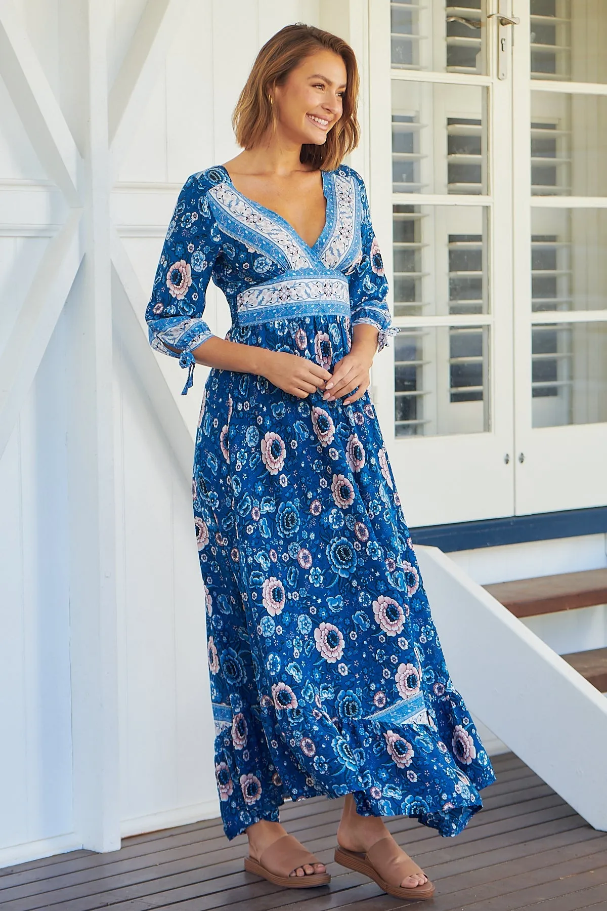 Willow Tie Sleeve Blue/Pink Floral Print Maxi Dress