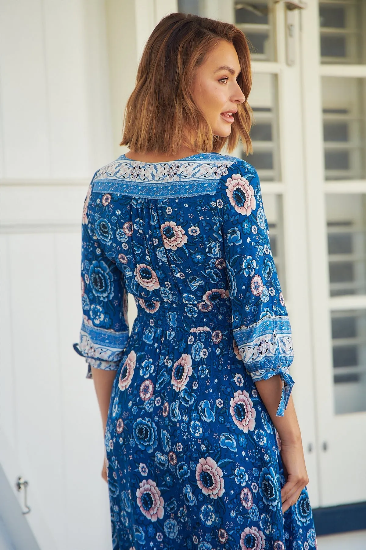 Willow Tie Sleeve Blue/Pink Floral Print Maxi Dress