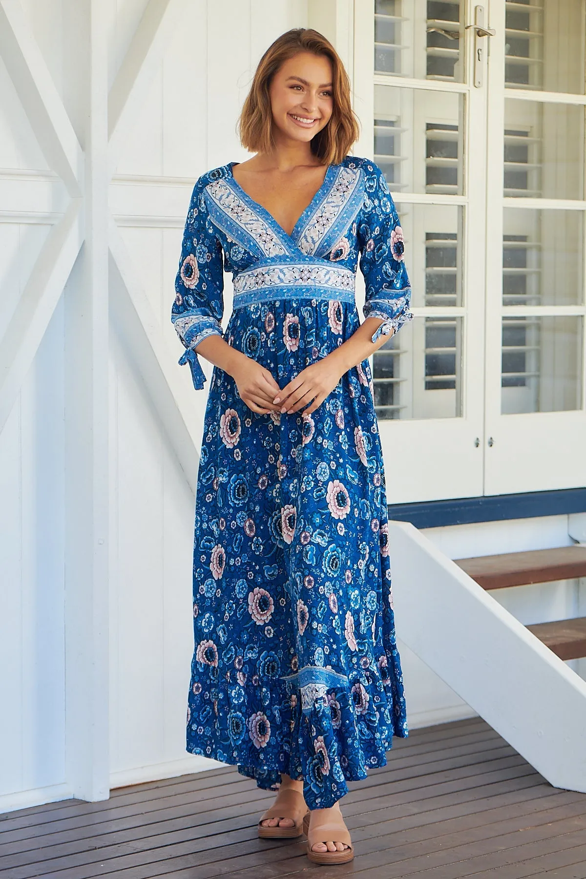 Willow Tie Sleeve Blue/Pink Floral Print Maxi Dress