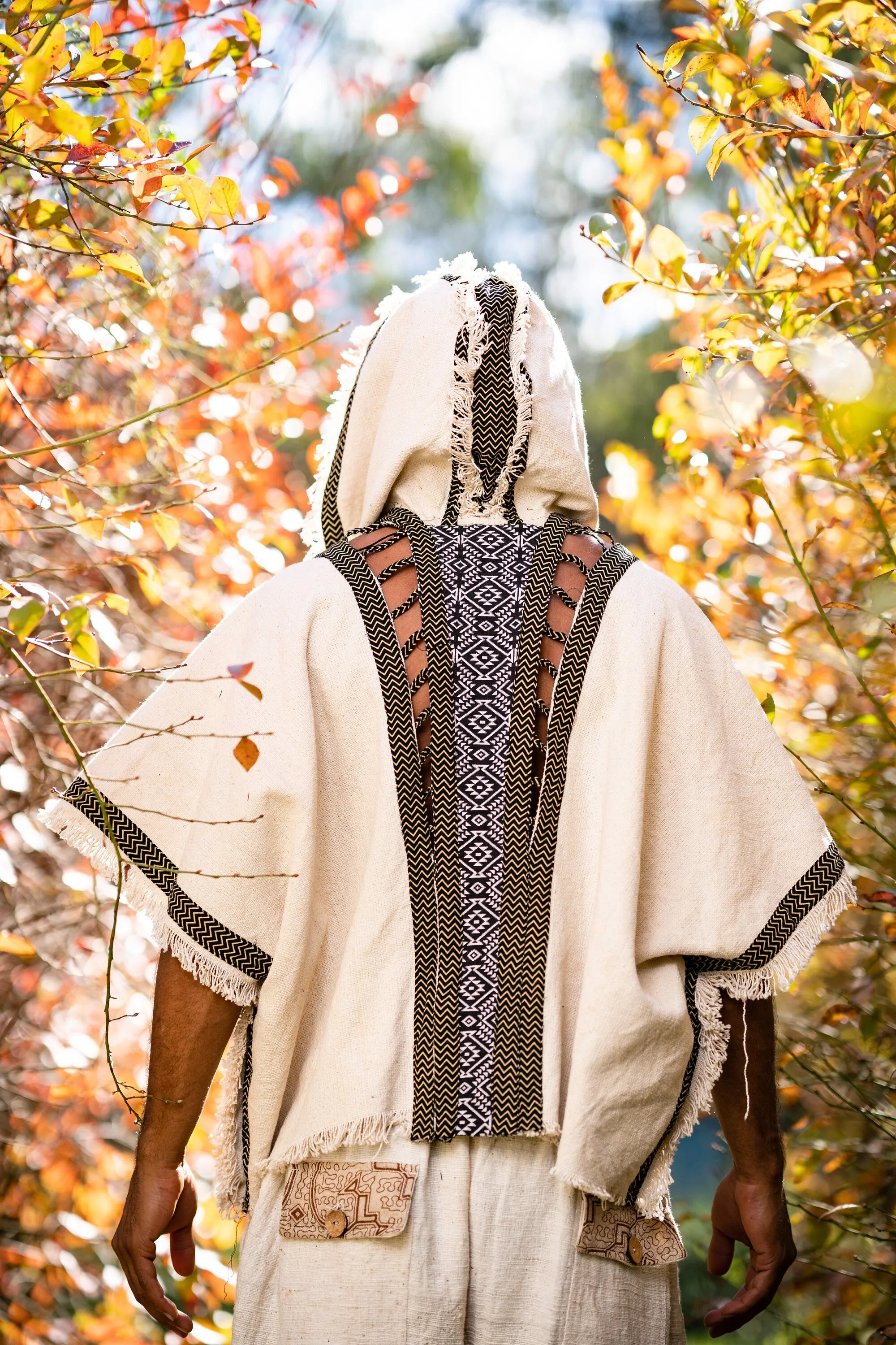 WIZARD Mens Hooded Kimono Vest Beige Tribal Pattern Alchemist Sorcerer Ritual Ceremony Gypsy Festival Magic Alchemy Primitive Icaro AJJAYA