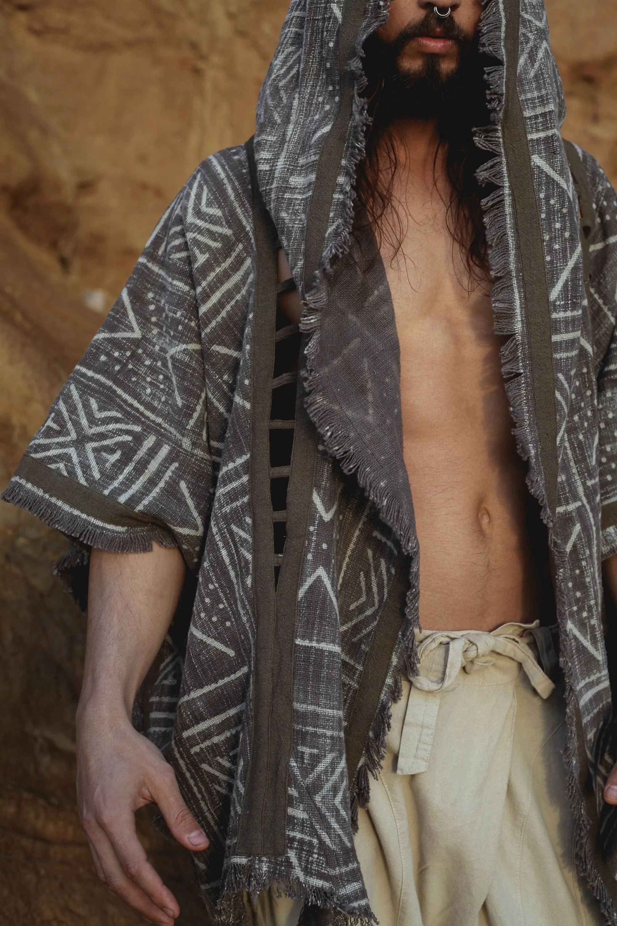 WIZARD Mens Hooded Kimono Vest Beige Tribal Pattern Alchemist Sorcerer Ritual Ceremony Gypsy Festival Magic Alchemy Primitive Icaro AJJAYA