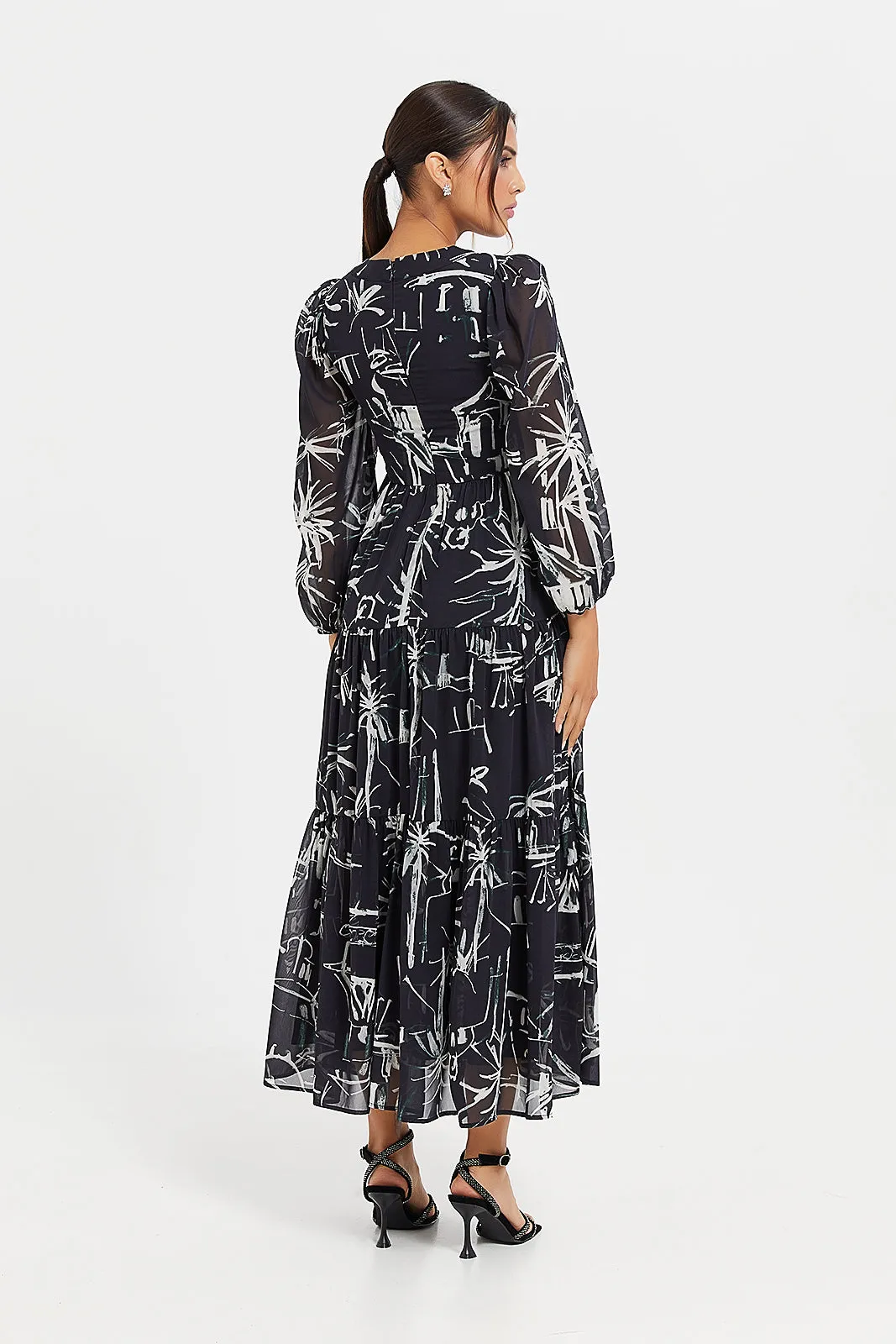 Women Black Printed Maxi Flared Dress