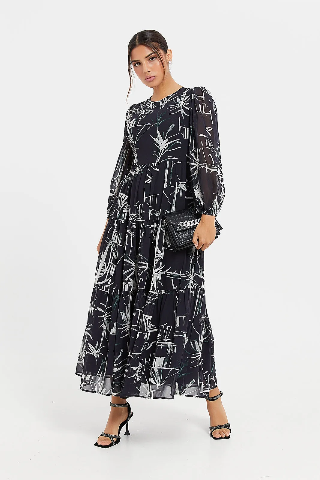 Women Black Printed Maxi Flared Dress