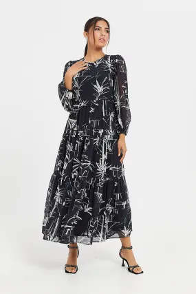 Women Black Printed Maxi Flared Dress