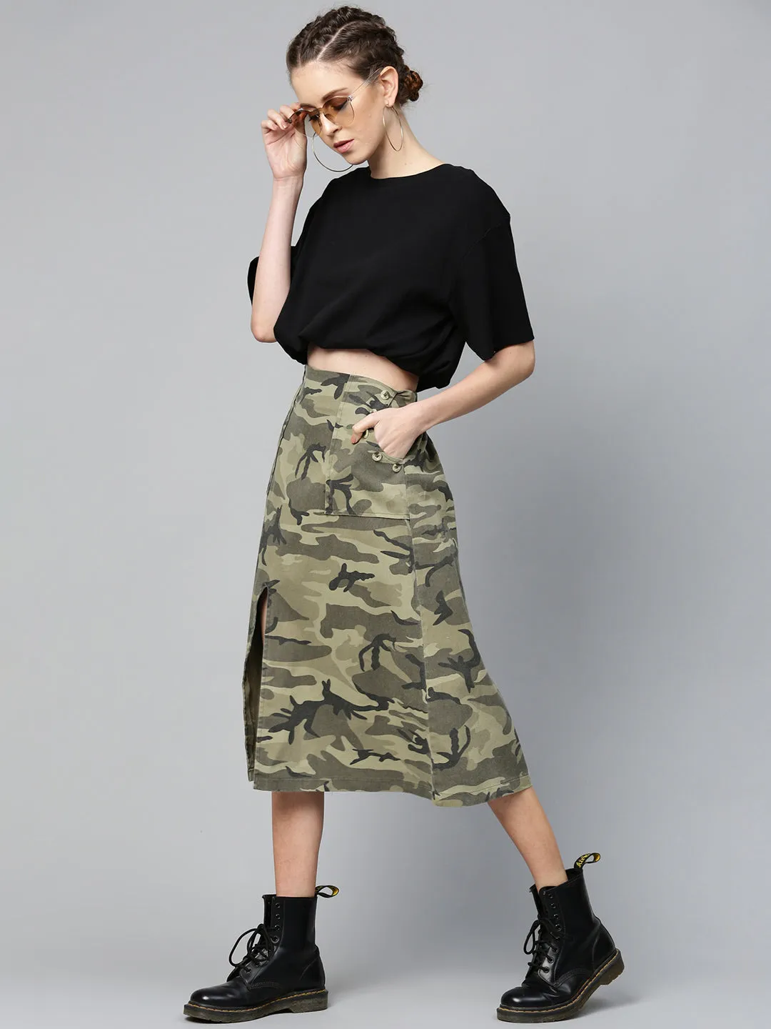 Women Green Camouflage Twill Front Slit Skirt