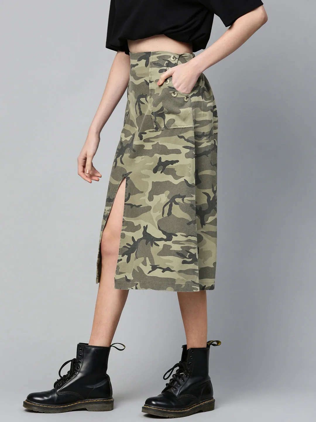 Women Green Camouflage Twill Front Slit Skirt