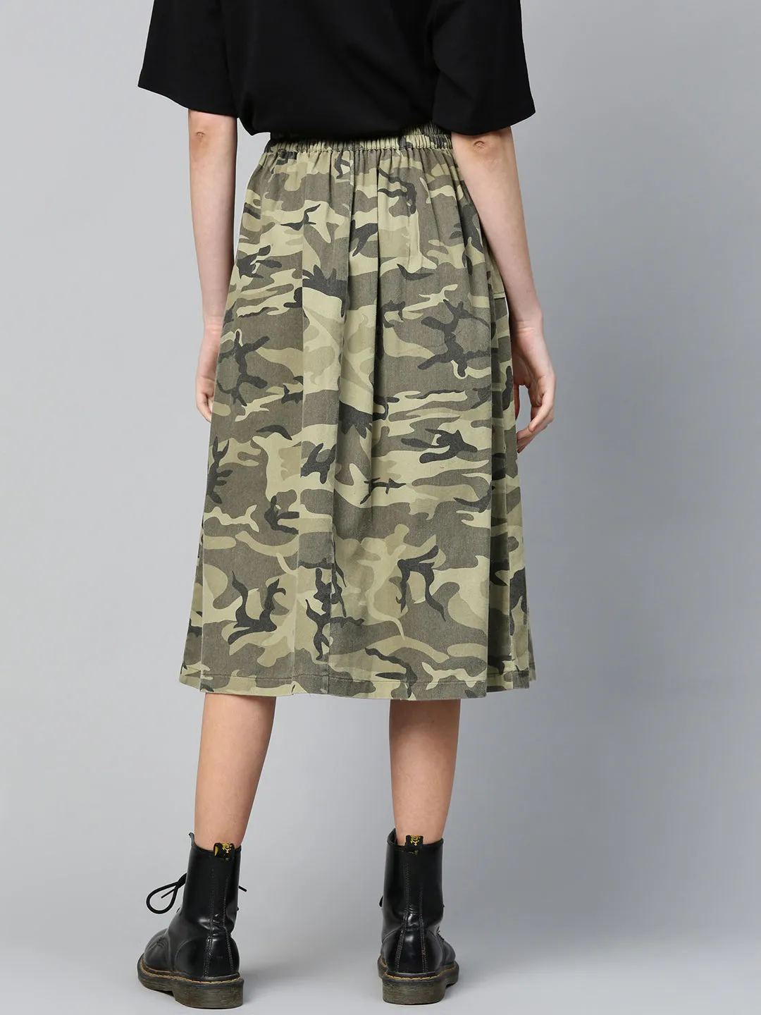 Women Green Camouflage Twill Front Slit Skirt